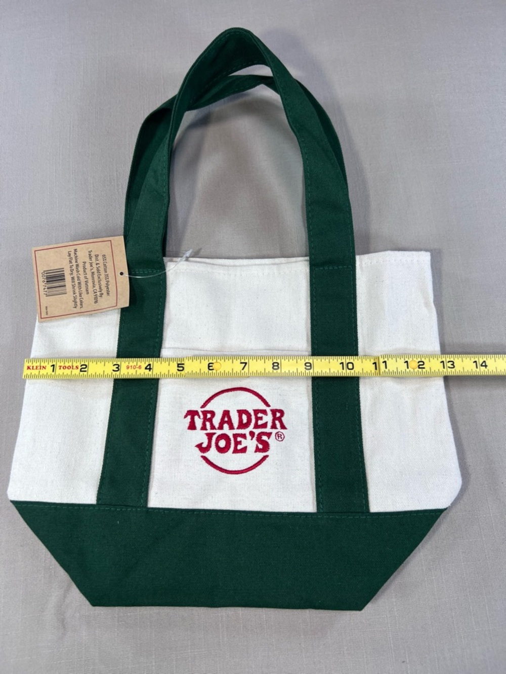 Trader Joe’s Mini Canvas Tote Bag NWT White Green Embroidered Logo Reusable - Picture 3 of 4